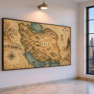 May include: A rectangular wall art print featuring a detailed, vintage-style illustrated map of Iran. The map displays geographical features, historical landmarks, a compass rose, and text labels in a sepia-toned parchment aesthetic with a black frame.