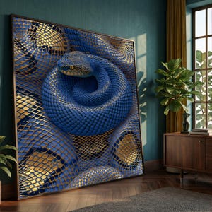 Puede incluir: Una gran pieza de arte mural rectangular que presenta una serpiente enroscada con escamas de color azul vibrante y detalles en oro metálico. La serpiente se muestra en una espiral apretada, exhibiendo patrones de escamas detallados en un marco oscuro.