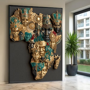 May include: A large rectangular wall art piece featuring a relief sculpture shaped like the continent of Africa. The sculpture is composed of numerous gold, black, and teal masks and ornate headpieces arranged to form the map's landmass.