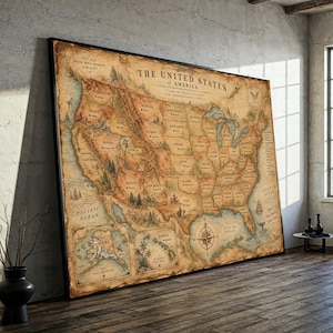May include: A large rectangular wall map of the United States of America with a vintage aesthetic. The map features sepia-toned parchment paper, detailed state borders, labelled cities, and illustrations of trees, mountains, and a compass rose.