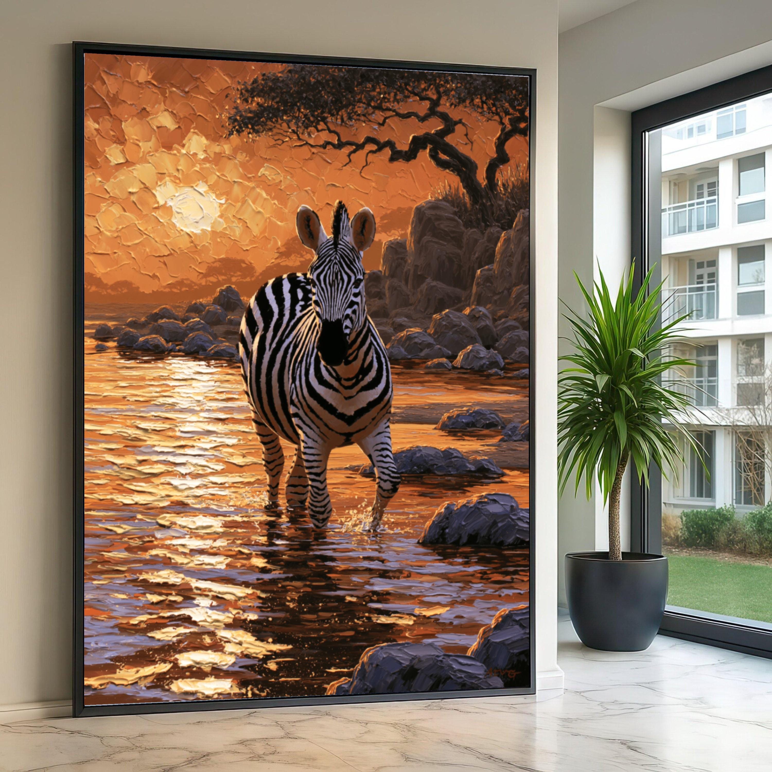 Majestic Zebra at Sunset, African Wildlife Canvas, River Landscape