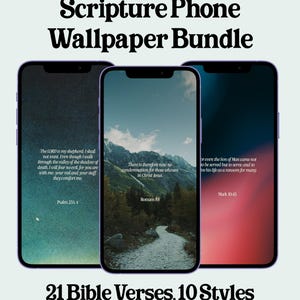 May include: Three smartphones displaying digital wallpapers with Bible verses. The left screen shows Psalm 23:1, 4 on a dark teal background. The center screen shows Romans 8:1 over a mountain path. The right screen shows Mark 10:45 on a red gradient.