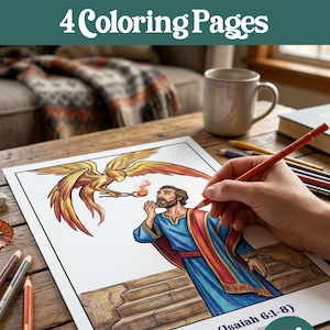 Puede incluir: Una página para colorear titulada The Major Prophets 4 Coloring Pages con una ilustración coloreada de un hombre con túnica azul y faja roja sobre escalones de piedra, mientras una criatura alada dorada sostiene un carbón encendido. Texto Isaiah 6:1-8.