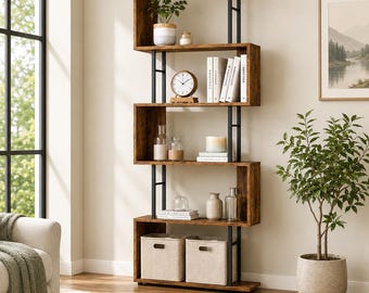 6 Tier S Shaped Bookshelf, Rustic Brown Bookcase Tall Narrow Display Shelf, Living Room Storage, Home Office Organizer 23.6 x 9.4 x 62.6 in