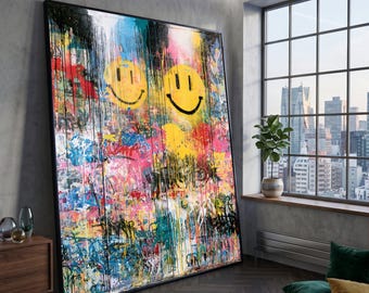 Vibrant Urban Smile Canvas, Colorful Graffiti Wall Art, Modern Street Style Canvas, Contemporary Home Decor