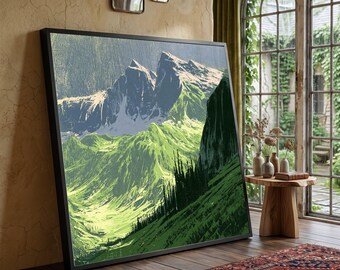 Majestic Mountain Peaks Canvas, Snowy Ridge Landscape, Green Valley Wall Art, Nature Scenic Canvas, Alpine View Decoration
