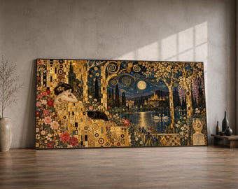 Dreamy Moonlit Garden Scene, Gustav Klimt Inspired Wall Art, Floral and Swirling Gold Trees, Romantic Night Landscape Wall Art, Home Decor