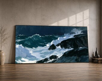 Lienzo con dramáticas olas del océano rompiendo, arte mural de rocas costeras, lienzo con escena de mar tormentoso, decoración náutica para el hogar, obra de arte de paisaje marino
