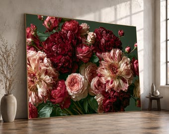 Romantic Red and Blush Peonies Canvas, Floral Bouquet Wall Art, Elegant Flower Canvas Print, Home Decoration, Nature Canvas Art