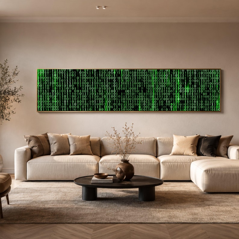 Digital Code Matrix Canvas, Binary Data Wall Art, Green Tech Pattern Canvas, Modern Technology Decor, Futuristic Office Artwork image 1
