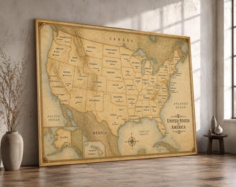 Vintage Style United States Map Canvas, Antique USA Wall Art, Geographic Map Canvas, Home Decor Art, Nautical Compass Design