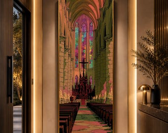 Majestic Gothic Cathedral Interior Canvas, Stained Glass Window Wall Art, Religious Sanctuary Decor, Spiritual Home Decoration Canvas