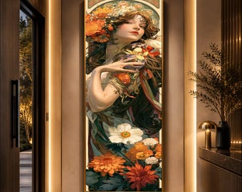 Elegante mujer con flores de otoño, retrato floral Art Nouveau, cuadro decorativo para pared, arte en lienzo de estilo vintage, detalle decorativo para el hogar.