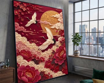 Elegant Crane Bird Canvas Wall Art, Red Blossom Floral Design, Golden Moon and Cloud Home Decor, Asian Style Canvas, Ready to Hang