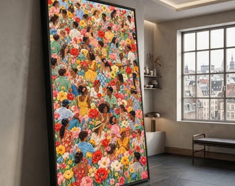 Vibrant Garden Party Canvas, Colorful People and Flowers Wall Art, Summer Social Scene Canvas, Floral Gathering Decoration