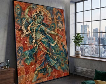 Elegant Indian Dancer Canvas, Peacock Feather Art, Traditional Dance Wall Decor, Cultural Canvas Artwork, Vibrant Home Decoration