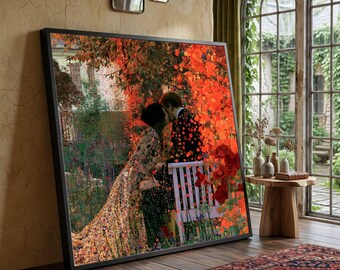 Romantic Garden Kiss Canvas Wall Art, Couple Love, Floral Outdoor Scene, Vintage Romance Canvas, Elegant Home Decoration