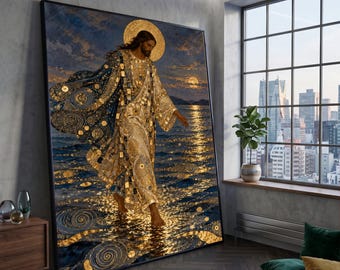 Jesus Walking on Water Canvas,Gustav Klimt Inspired Wall Art,Mystical Religious Decor, Illuminated Ocean Scene Canvas