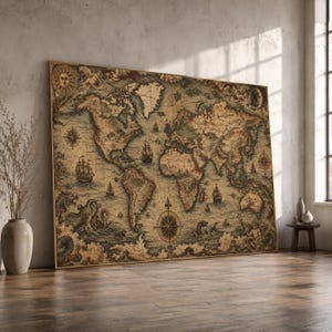 Peut inclure: Une grande œuvre d'art murale rectangulaire représentant une carte du monde de style ancien dans des tons sépia. La carte affiche des continents détaillés, des voiliers d'époque, des monstres marins, un soleil, une lune et des roses des vents.