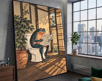 Whimsical Frog Reading Newspaper Canvas, Humorous Bathroom Decor, Quirky Animal Wall Art, Japanese Style Interior Canvas, Unique Home