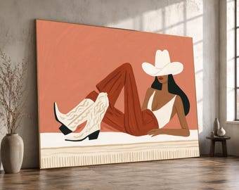 Modern Cowgirl Style Canvas, Abstract Woman Art, Fashion Wall Decor, Southwestern Chic Canvas, Stylish Female Illustration