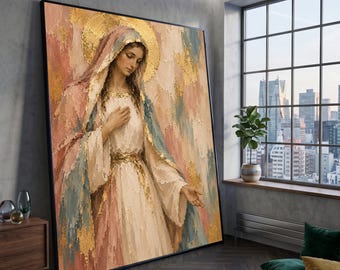 Serene Madonna Portrait Canvas, Religious Wall Art, Elegant Woman Draped Robes, Golden Halo Canvas, Spiritual Home Decor
