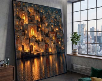Illuminated Coastal Village Canvas, Medieval Harbor Scene Wall Art, Warm Glow Reflections, Nighttime Waterfront Canvas, Rustic Home Decor