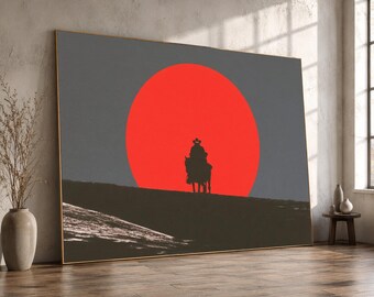 Lone Cowboy Silhouette Canvas, Red Sun Desert Scene, Western Wall Art, Minimalist Sunset Canvas, Rustic Home Decoration