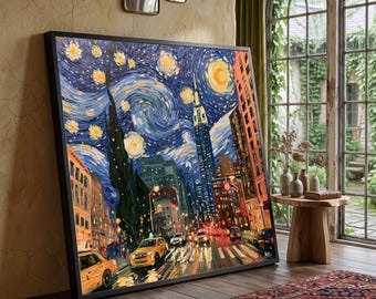 Night Cityscape with Yellow Taxis Canvas, Starry Sky Urban Scene Wall Art, City Lights and Skyline Canvas, Modern City View Home Decor