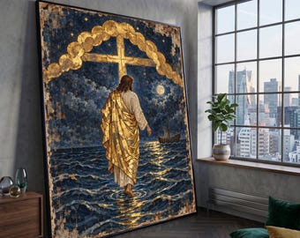 Walking on Water Canvas Wall Art, Religious Christian Decor, Jesus with Golden Robe, Spiritual Ocean Scene, Moonlit Night Wall Art