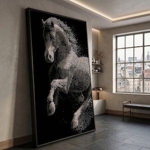 Arte de parede em tela com código binário digital de cavalo, ilustração animal monocromática, decoração moderna e abstrata de equinos, arte minimalista em preto.