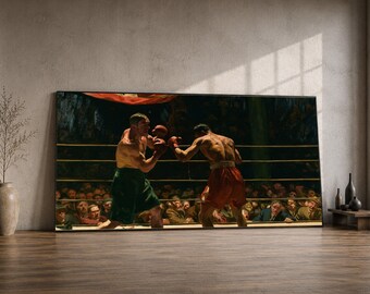 Cuadro de pared vintage con escena de combate de boxeo, escena de lucha atlética, lienzo de acción deportiva, decoración clásica de ring de boxeo.