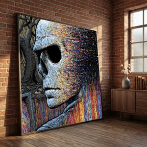 May include: A large rectangular wall art piece featuring a profile view of a skull. The skull is rendered in shades of blue and white, transitioning into a vibrant, multi-coloured pixelated effect of red, yellow, and blue against a dark background.