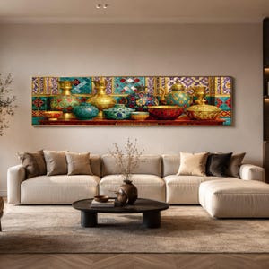 Ornate Persian Pottery Collection Canvas, Colorful Ceramic Vases Wall Art, Traditional Middle Eastern Design, Decorative Canvas for Home