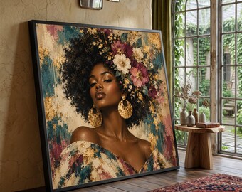 Elegant African Woman Portrait Canvas, Floral Hair Crown Wall Art, Gold Accent Canvas, Feminine Home Decor, Statement Canvas Design