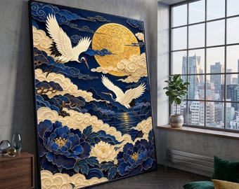 Elegant Crane Birds Canvas Wall Art, Golden Full Moon with Clouds, Blue Floral Nature Landscape, Asian Style Home Decoration Canvas