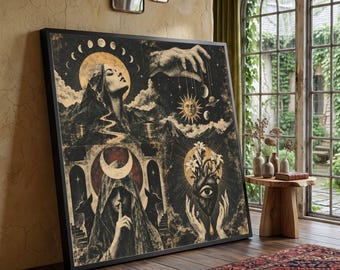 Mystical Moon Phases Portrait, Cosmic Hand with Planets Canvas, Surreal Heart with Eye and Lilies, Spiritual Wall Art Set, Dark Fantasy Home