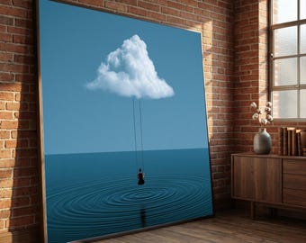 Surreal Cloud Swing Over Water Canvas, Dreamlike Sky Wall Art, Calm Ocean Ripples Canvas, Minimalist Home Decoration, Modern Canvas Print