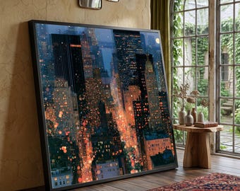 City Skyline at Night Canvas, Illuminated Urban Street Scene, Modern Cityscape Wall Art, Nighttime Downtown Lights Canvas, Home Decor