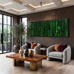 Digital Code Matrix Canvas, Binary Data Wall Art, Green Tech Pattern Canvas, Modern Technology Decor, Futuristic Office Artwork image 2