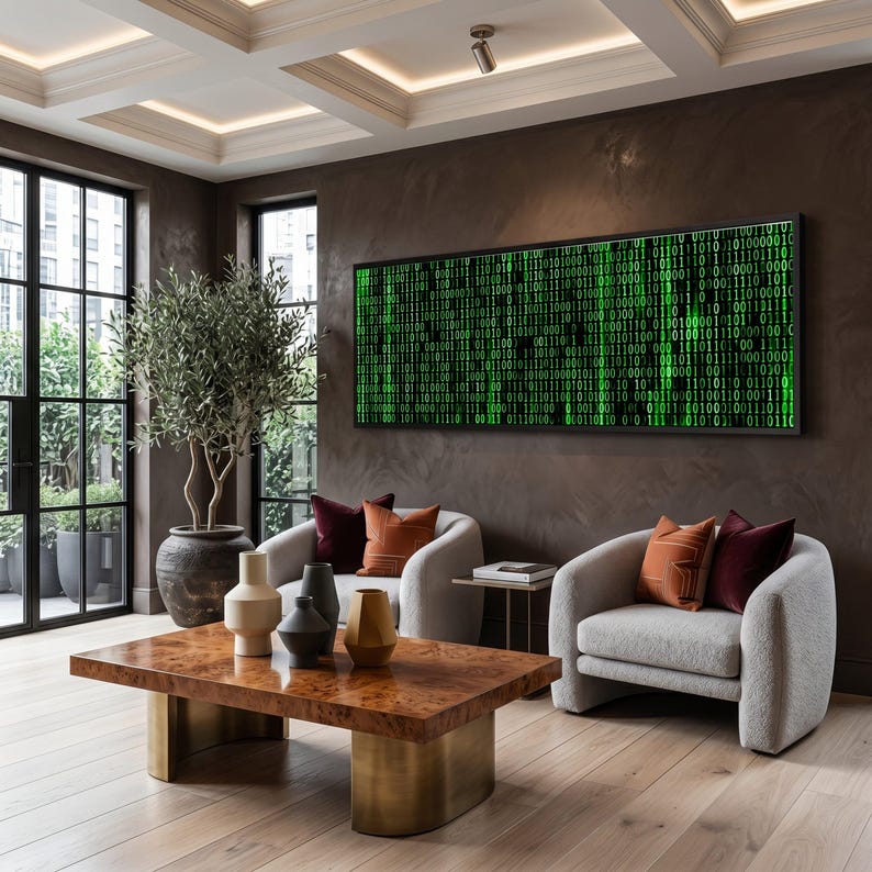 Digital Code Matrix Canvas, Binary Data Wall Art, Green Tech Pattern Canvas, Modern Technology Decor, Futuristic Office Artwork image 2