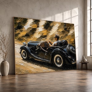 Canvas met klassieke vintage auto, retro auto muurdecoratie, tijdloos reistafereel op canvas, zwarte cabriolet decoratie, rustieke roadtrip