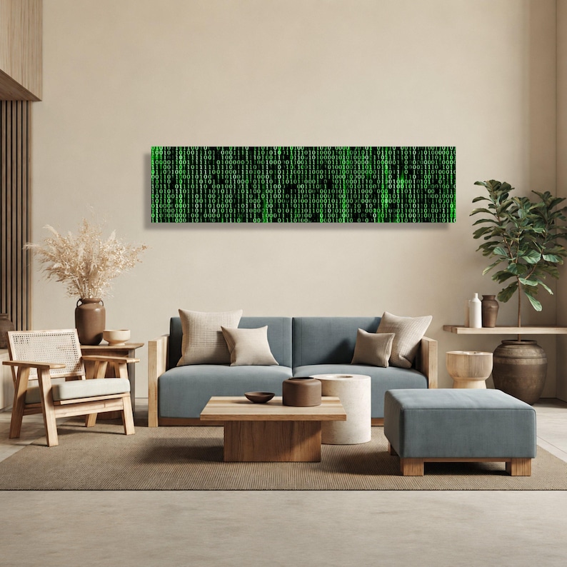 Digital Code Matrix Canvas, Binary Data Wall Art, Green Tech Pattern Canvas, Modern Technology Decor, Futuristic Office Artwork image 3