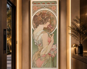La Primevère by Alphonse Mucha, Art Nouveau Female Portrait, Vintage Floral Wall Art, Decorative Home Canvas, Classic Beauty Illustration