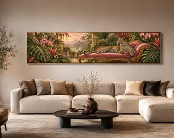 Majestic Leopard on Velvet Couch, Tropical Garden Canvas, Exotic Wildlife Wall Art, Sunset Landscape Canvas, Elegant Home Decoration