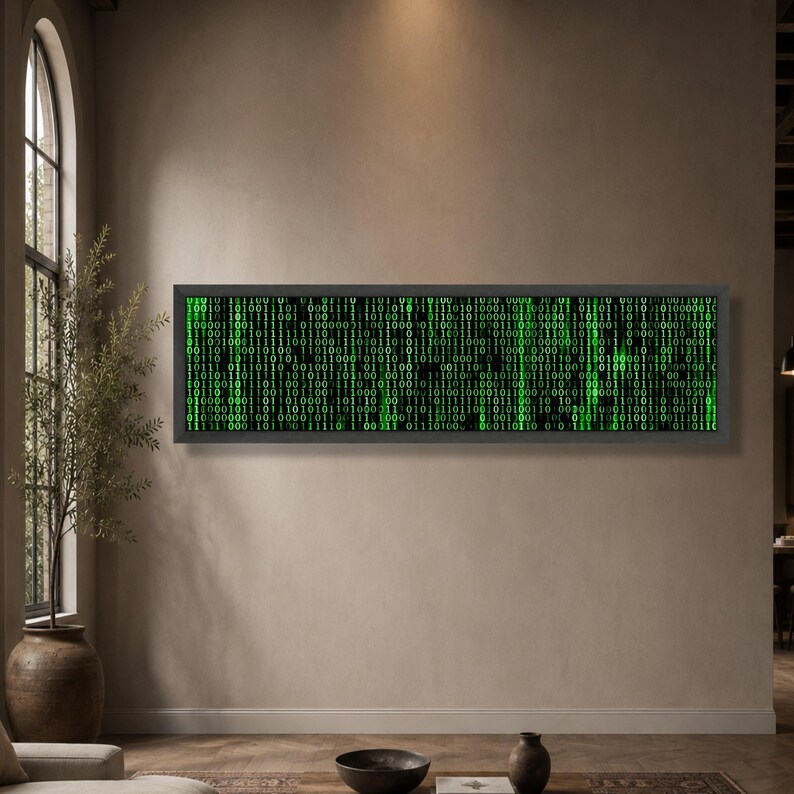 Digital Code Matrix Canvas, Binary Data Wall Art, Green Tech Pattern Canvas, Modern Technology Decor, Futuristic Office Artwork image 6