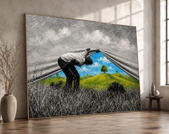 Man Pulling Back Grey Clouds Canvas, Colorful Landscape Reveal, Surreal Nature Wall Art, Bright Sky and Green Hills Canvas, Home Decor