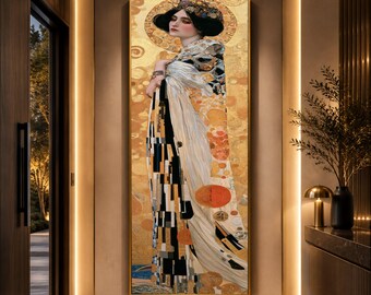 Mujer elegante con halo dorado, lienzo, retrato Art Nouveau, arte mural, lienzo estilo Gustav Klimt, decoración de pared para el hogar.