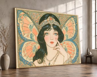 Art Nouveau Fairy Woman Canvas, Vintage Portrait Wall Art, Elegant Butterfly Wings, Decorative Home Canvas, Fantasy Wall Decor