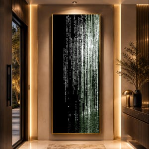 May include: A tall, rectangular wall art piece featuring a black background with vertical columns of white, glowing digital code characters that appear to cascade downward and reflect into a shimmering, liquid-like surface at the bottom edge.